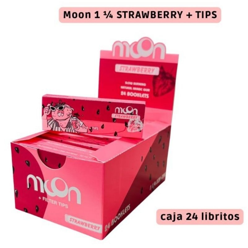 Papel 1 1/4 Ultrafino sabor Fresa con Tips Expositor 24 librillos Moon