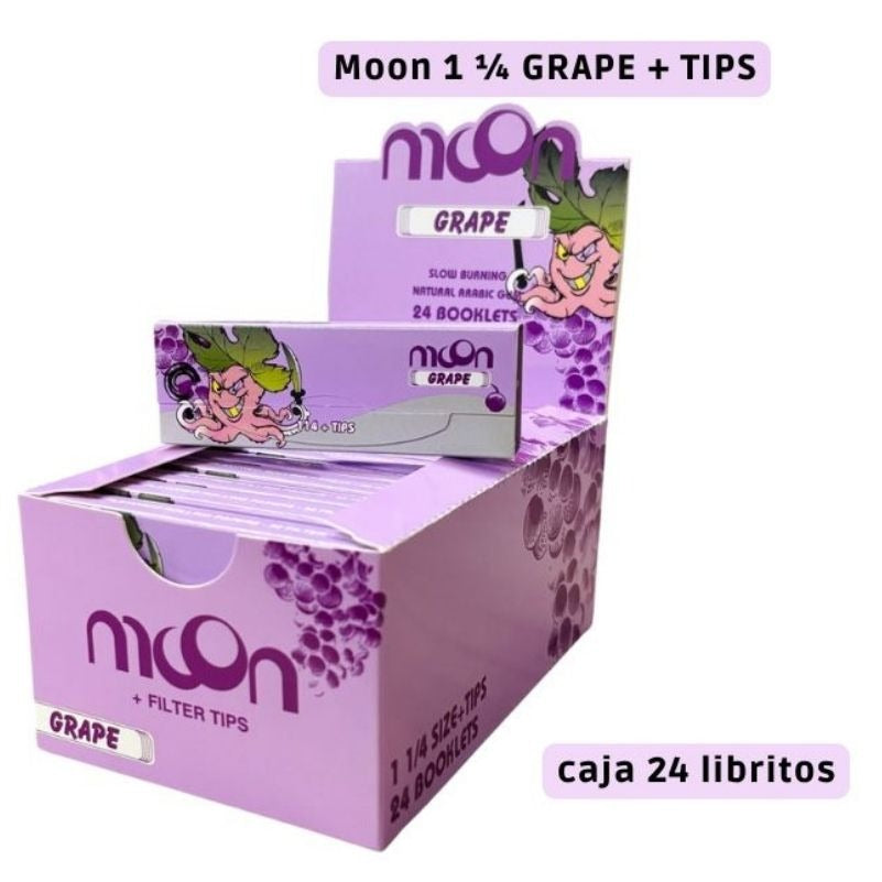 Papel 1 1/4 Ultrafino sabor Uva con Tips Expositor 24 librillos Moon