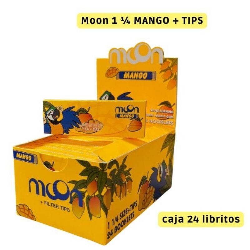Papel 1 1/4 Ultrafino sabor Mango con Tips Expositor 24 librillos Moon